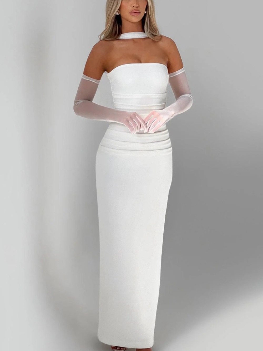 White Sleeveless Maxi Dress with Draped Shoulder Scarves - Picture 2 of 3